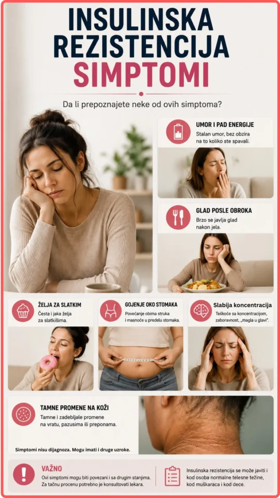 Infografik koji prikazuje najčešće simptome insulinske rezistencije, uključujući umor, glad posle obroka, želju za slatkim, gojenje oko stomaka, slabiju koncentraciju i tamne promene na koži.