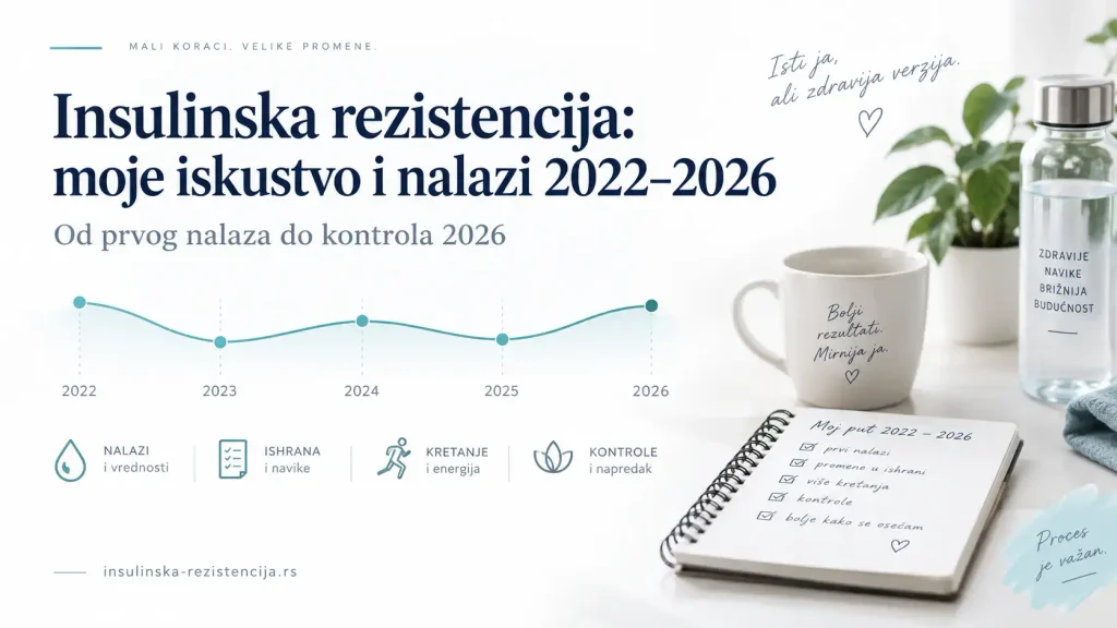 Naslovna ilustracija za tekst o insulinskoj rezistenciji sa ličnim iskustvom, nalazima, ishranom, kretanjem i kontrolama od 2022. do 2026. godine